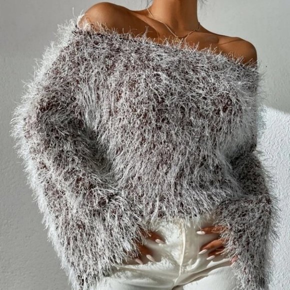 fluffy knit Off Shoulder Trumpet Sleeve Sweater Top Brown - Picture 6 of 9